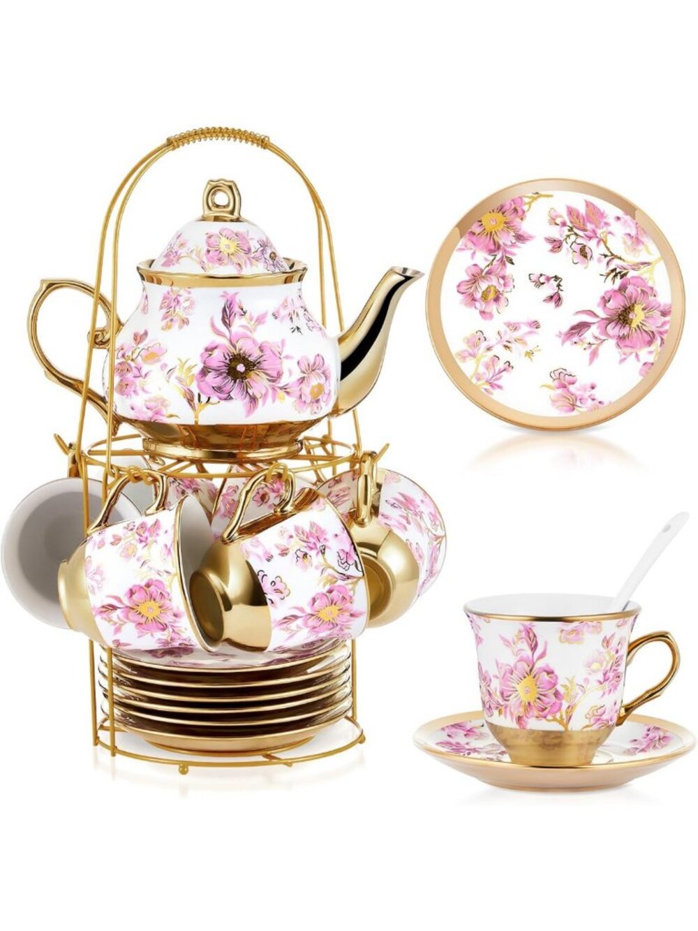 Elegant 20-Piece Porcelain Tea Set with Metal Holder & Spoon - Floral Design